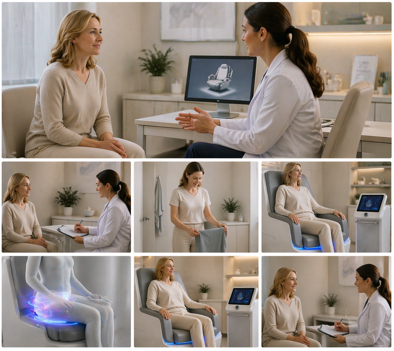 A person sitting comfortably on an EMS treatment chair in a private clinic room. The setting is designed to feel calm and discreet, with soft lighting and minimalistic decor that emphasizes comfort and privacy.
